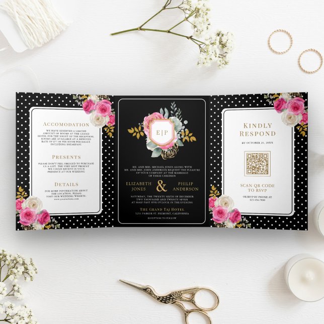 Invitación Tríptica Floral rosa fucsia en un Boda negro Escudo (Subido por el creador)