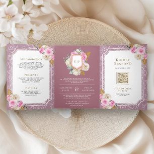Invitación Tríptica Floral Rosa Malva Polvoriento Enterizo Crest Boda