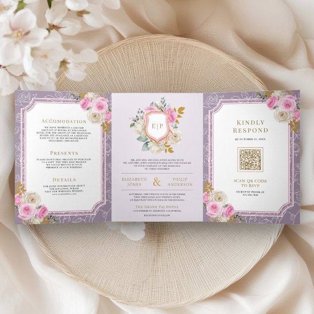 Invitación Tríptica Floral rosa morado en un Boda Escudo (Subido por el creador)
