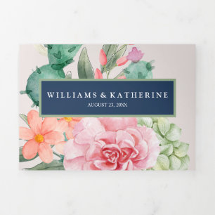 Invitación Tríptica Floral rosa y melena azul de la marina