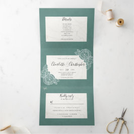 Invitación Tríptica floral verde azulado texturizado triple en un boda