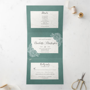 Invitación Tríptica floral verde azulado texturizado triple en un boda