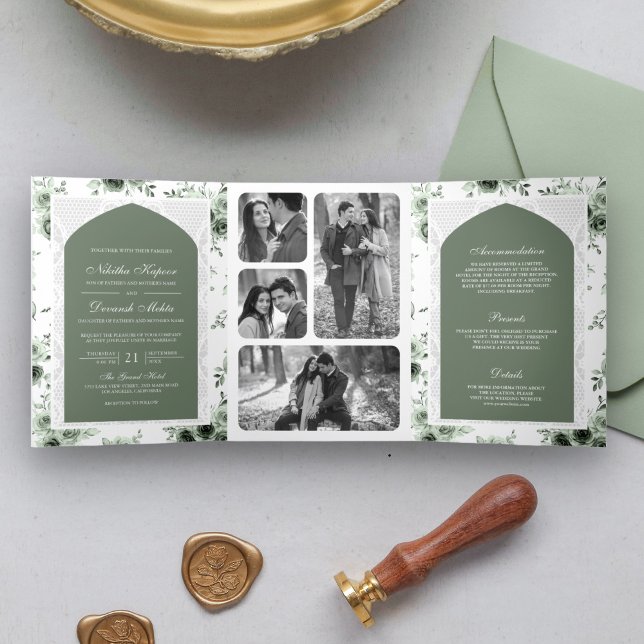 Invitación Tríptica Floral verde sabia todo en un solo Boda indio de u (Subido por el creador)