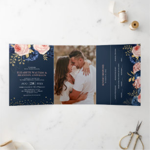 Invitación Tríptica Florales de color rosa y azul marino Elegante boda