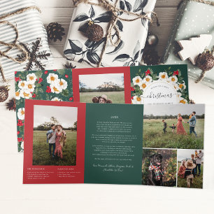 Invitación Tríptica Florales de Navidad Botánica Roja y Verde 5 Foto
