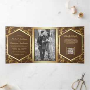 Invitación Tríptica Florecer en oro marrón Código QR Foto Boda