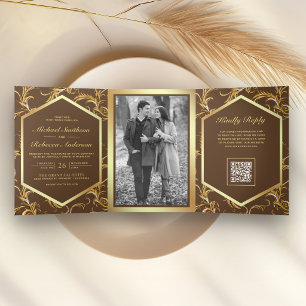 Invitación Tríptica Florecer en oro marrón Código QR Foto Boda