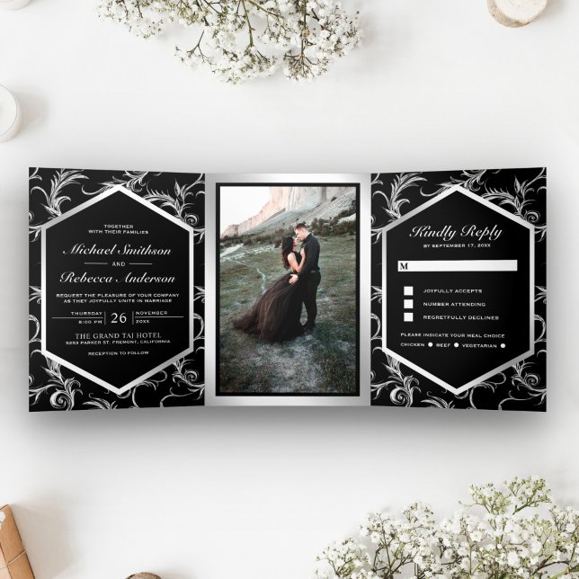 Invitación Tríptica Florecer negro y plateado en espiral Foto de boda (Subido por el creador)