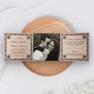 Invitación Tríptica Florecimiento Rústico Borde Ornamentado Boda Foto 