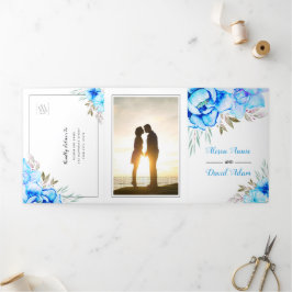 Invitación Tríptica Flores acuarela azules foto floral boda 
