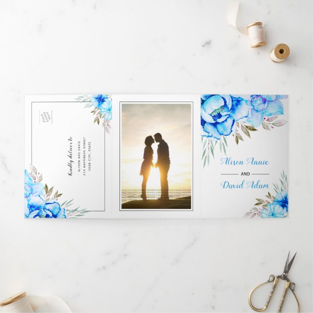 Invitación Tríptica Flores acuarela azules foto floral boda  (Exterior)