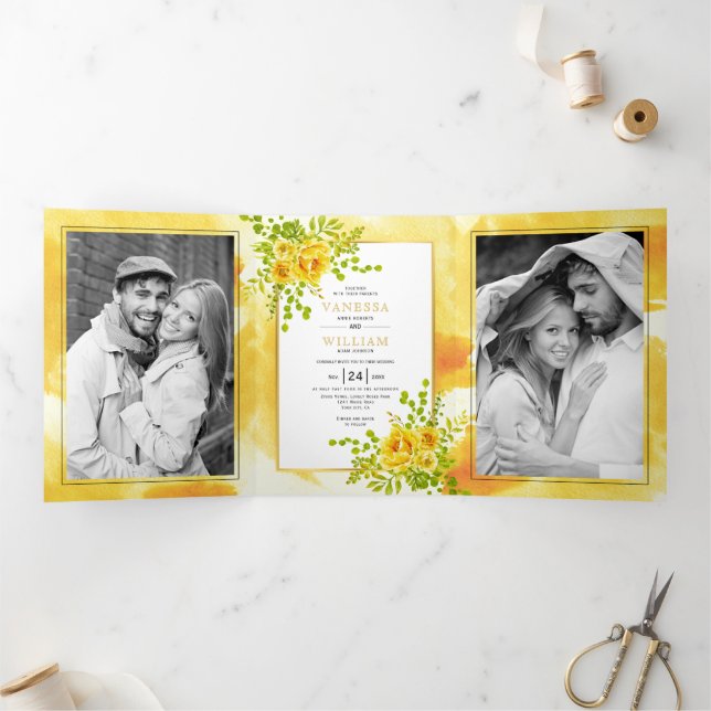 Invitación Tríptica Flores amarillas y hojas boda de boho floral (Interior)