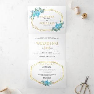 Invitación Tríptica Flores de acuarela azul, boda geométrico dorado