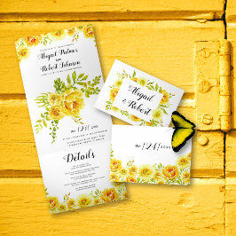 Invitación Tríptica Flores de color amarillo acuarela boda floral