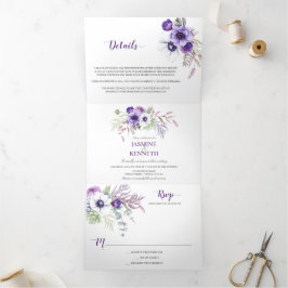 Invitación Tríptica Flores de color blanco morado de lavanda blanca