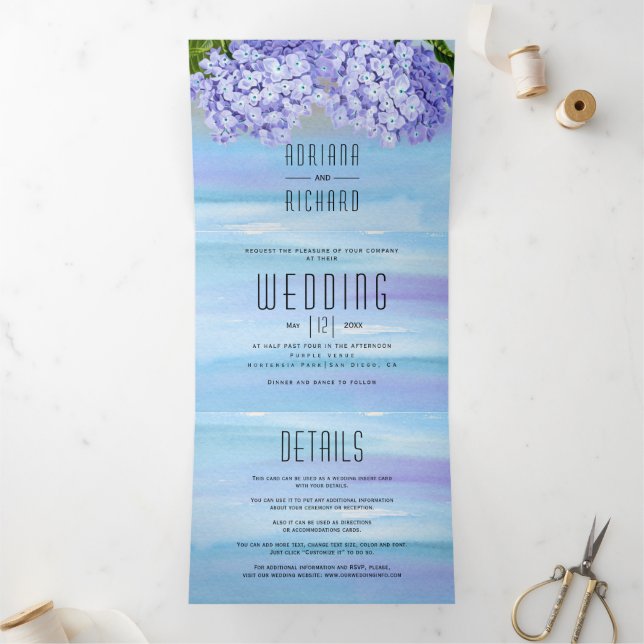 Invitación Tríptica Flores de hidrangea azul acuarela boda floral (Interior)