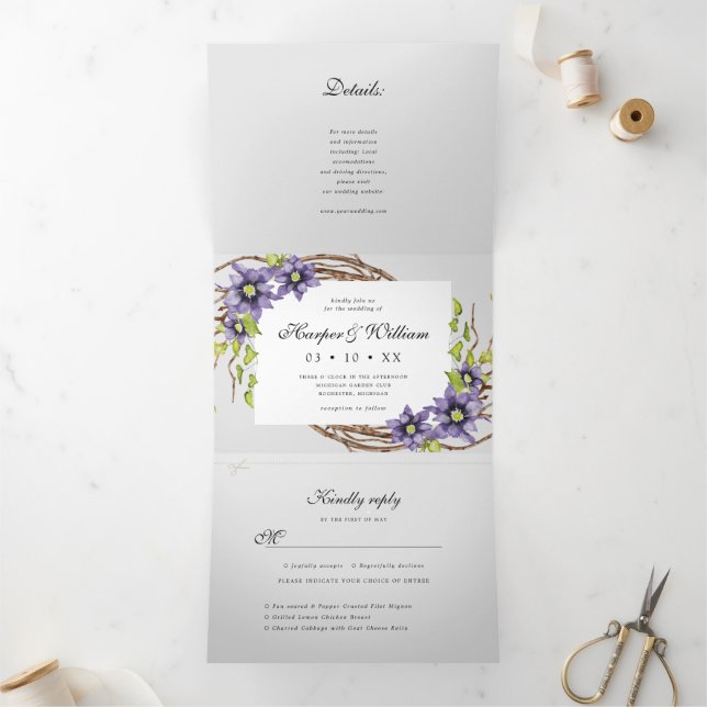 Invitación Tríptica Flores de manantial acuarela todo en un boda (Interior)