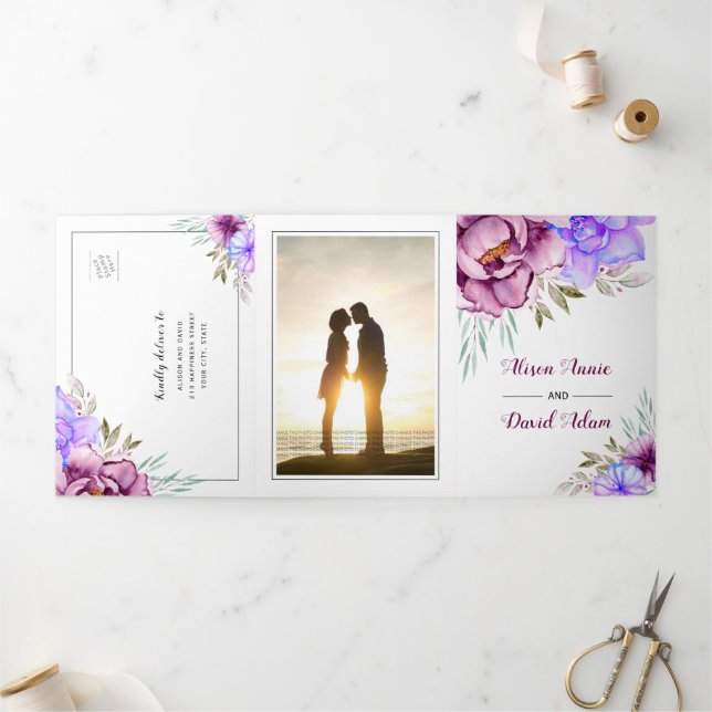 Invitación Tríptica Flores florales de acuarela morada foto de boda nu (Exterior)