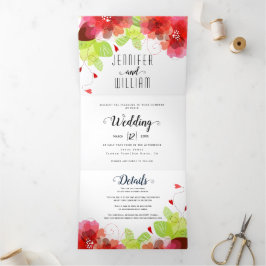 Invitación Tríptica Flores rojas modernas, tipografía boda floral