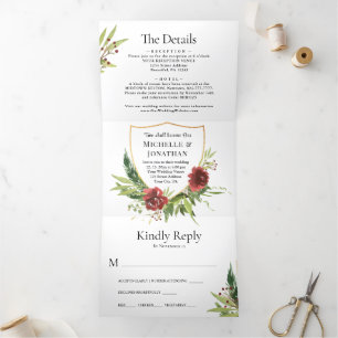 Invitación Tríptica Flores Rojas Verdor Todo En Un Boda Cristiano