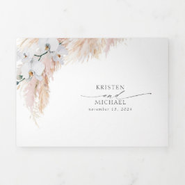 Invitación Tríptica Flores rosas y pampas Boda elegante de hierba