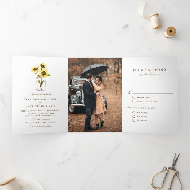 Invitación Tríptica Flores rusticas en la boda rural Mason Jar (Interior)