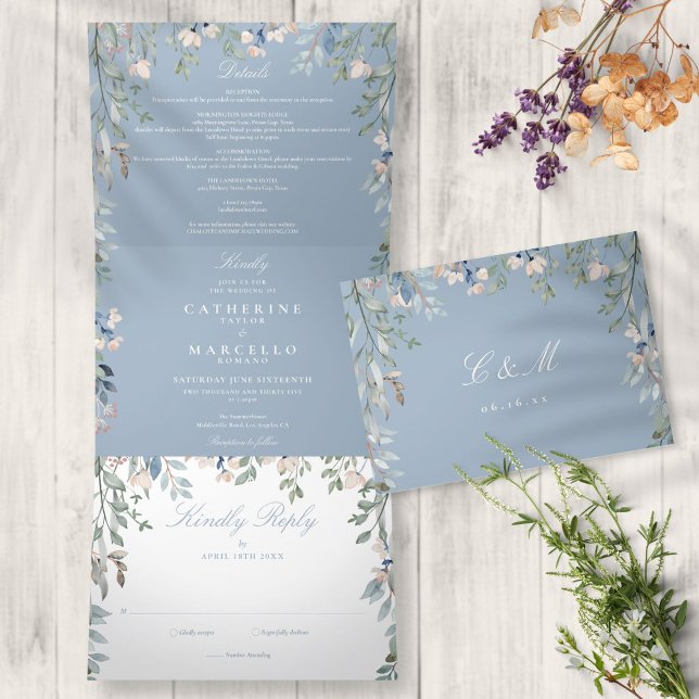 Invitación Tríptica Flores silvestres Dusty Blue Floral Foto Boda (Subido por el creador)