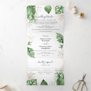 Invitación Tríptica Foliage de playa tropical y boda Gold Elegante