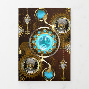 Invitación Tríptica Fondo oxidado steampunk con lentes turquesas