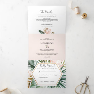 Invitación Tríptica Foto Boda de hojas tropicales con detalles de RSVP