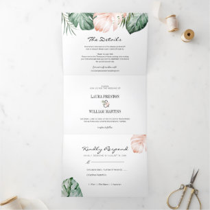Invitación Tríptica Foto Boda de hojas tropicales con detalles de RSVP