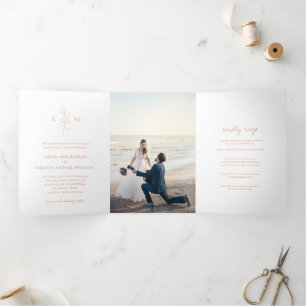 Invitación Tríptica Foto Botánica de Melocotón Limpio Boda Elegante