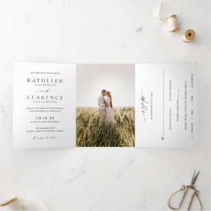 Invitación Tríptica Foto Clásica en Blanco y Negro Elegante Boda
