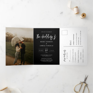 Invitación Tríptica Foto contemporánea de boda negro