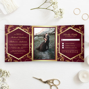 Invitación Tríptica Foto de boda con floritura de remolino de color bu