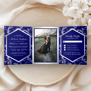 Invitación Tríptica Foto de boda con floritura plateada y remolino azu