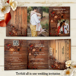 Invitación Tríptica Foto de boda de árbol otoñal rústico 