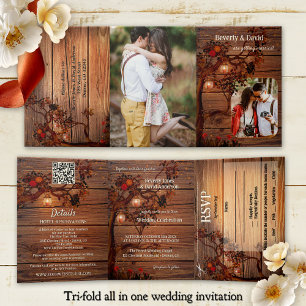 Invitación Tríptica Foto de boda de árbol otoñal rústico