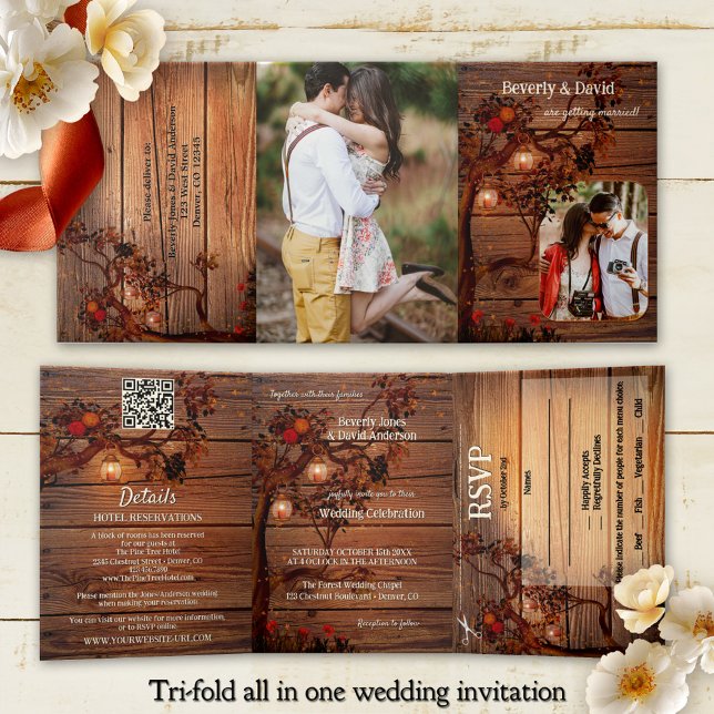 Invitación Tríptica Foto de boda de árbol otoñal rústico  (Tri-fold all in one photo wedding invitation showing a rustic wood design with fall tree and lantern)