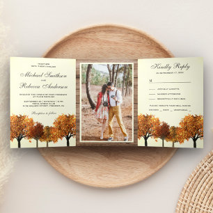 Invitación Tríptica Foto de boda de bosque de árboles de otoño rústico
