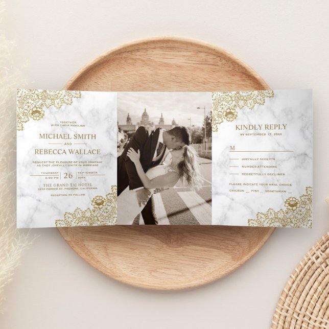 Invitación Tríptica Foto de Boda de canto de oro y mármol blanco (Subido por el creador)