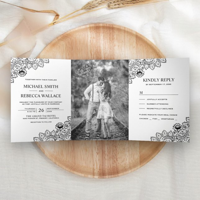 Invitación Tríptica Foto de Boda de encaje blanco y negro (Subido por el creador)