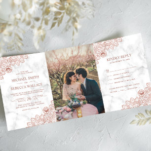 Invitación Tríptica Foto de boda de encaje de mármol blanco y oro rosa