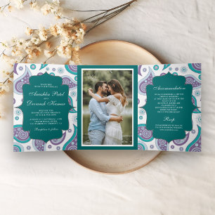 Invitación Tríptica Foto de boda de estilo indio con estampado de cach