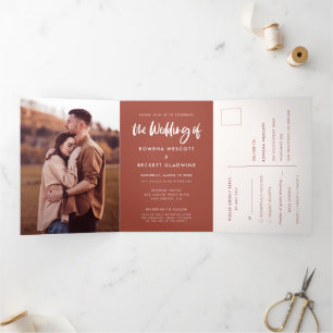 Invitación Tríptica Foto de boda de ladrillo quemado elegante moderno
