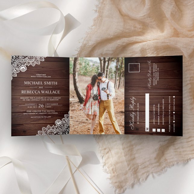 Invitación Tríptica Foto de boda de madera rústica con encaje (Subido por el creador)
