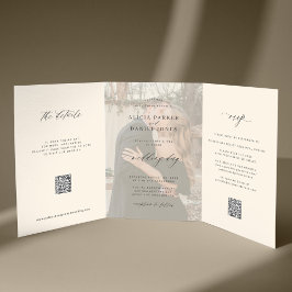 Invitación Tríptica Foto de boda de marfil negro Detalles de RSVP Códi