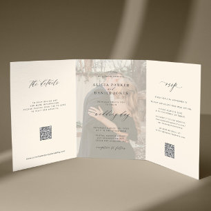 Invitación Tríptica Foto de boda de marfil negro Detalles de RSVP Códi