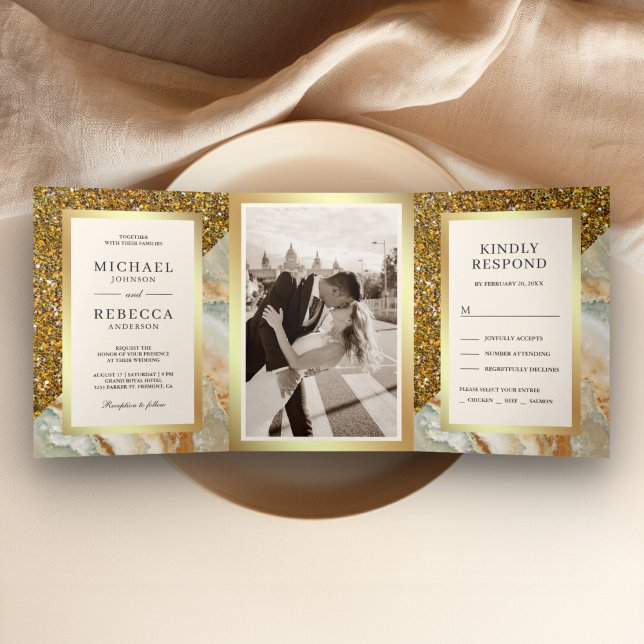 Invitación Tríptica Foto de boda de mármol marrón con brillo dorado (Subido por el creador)