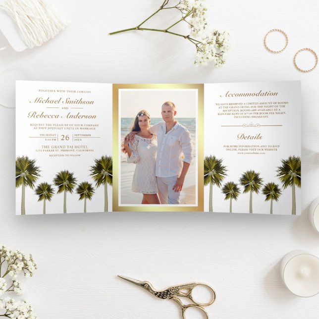 Invitación Tríptica Foto de boda de palmeras de playa tropical (Subido por el creador)